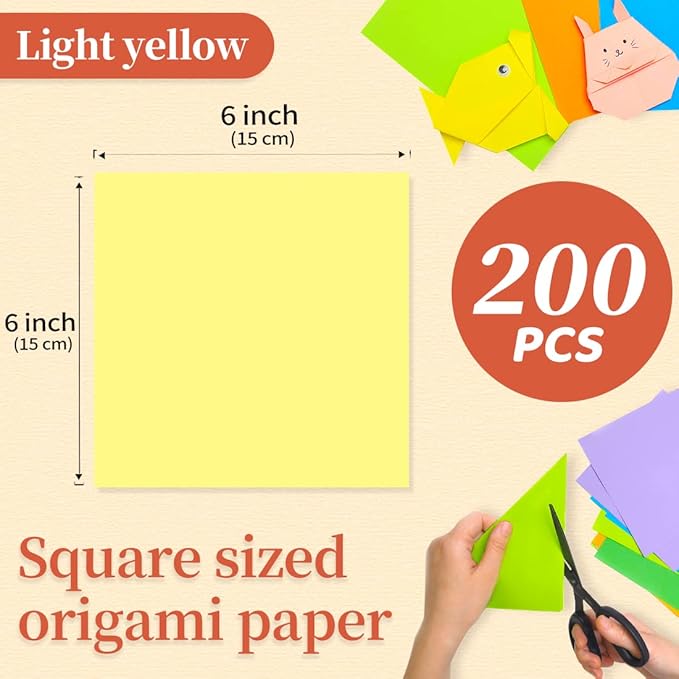IOOLEEM Origami Paper, 200 Sheets, Light Yellow Origami Paper, 6 Inch Square, Double Sided Colored paper.