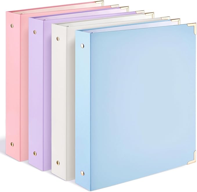 Sooez 4 Pack 3 Ring Binder with Metal Corners, Cute 1 Inch Binders Fits 175 Sheets of Paperwork, Three Ring Recipe Binder with Pocket for Women School Home Office Supplies, 8.5" x 11", Assorted