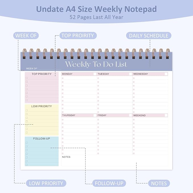 Weekly To Do List Notepad, 52 Sheets Undated Weekly Planner, 8.5"x11" Letter Size Horizontal Desk Pad with 100GSM Thick Paper, Twin-Wire Spiral Bound Tear Off Lined Organizer for Office Work, School & Home