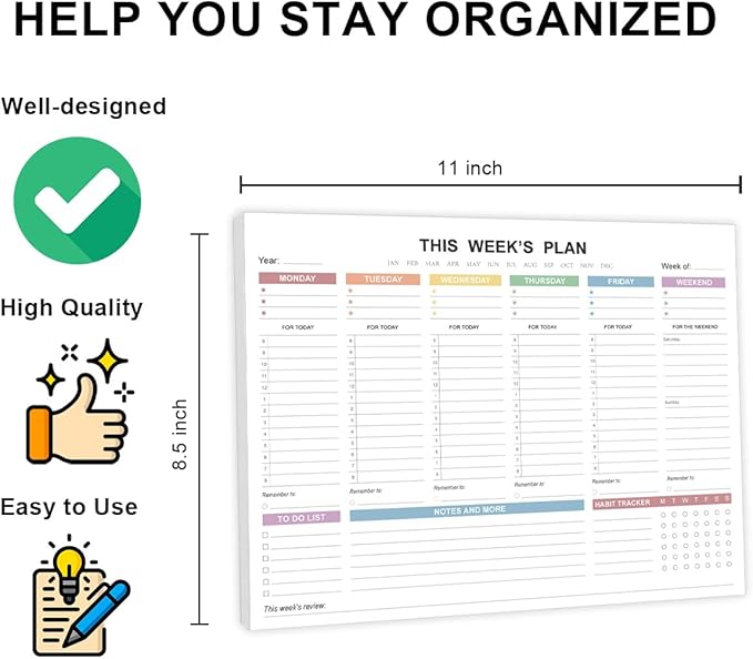 Weekly Planner Undated - Tear Off Weekly To Do List Notepad with Premium 52 Sheets, Desk Supplies for Women & Man, Home, School & Office, 8.5'' x 11'', Colorful