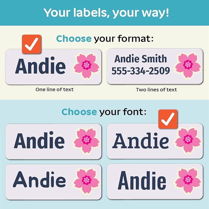 Kids Personalized Name Labels for School, Camp, Daycare (128 Labels) Custom Peel and Stick Waterproof Name Tags Stickers for Water Bottles, Lunch Boxes, Clothing, School Supplies (Flowers)