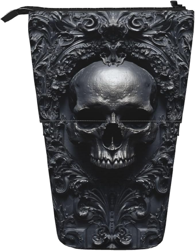 Skull Kids Standing Pencil Case Girls Boys Telescopic Stationary Pouch with Zipper Large Capacity Stand up Pen Bag Portable Makeup Holder for Children School Students Office Supplies