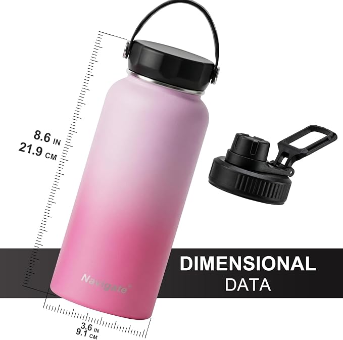 Navigate 32 oz Insulated Stainless Steel Sports Water Bottle with Spout & Handle Lids,Wide Mouth Water Jug with Double Walled Leak Proof Keep Cold for 24 Hrs Hot for 12 Hrs,Pink Gradient