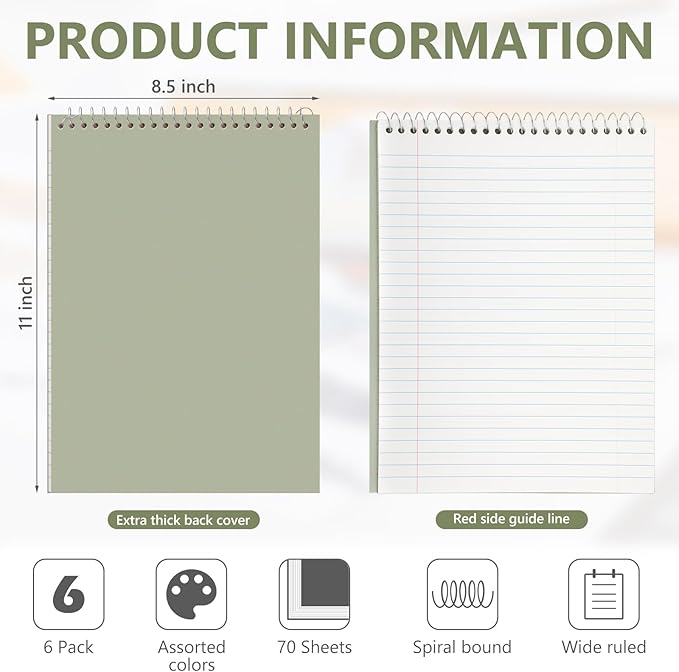 Resurhang 6 Pack 8.5 x 11'' Top Bound Office Steno Book Wide Ruled Double Sided Spiral Notebooks Reliable White Paper 70 Sheets/Pad Pastel Colors Covers for Writing School Notes(Business Color)