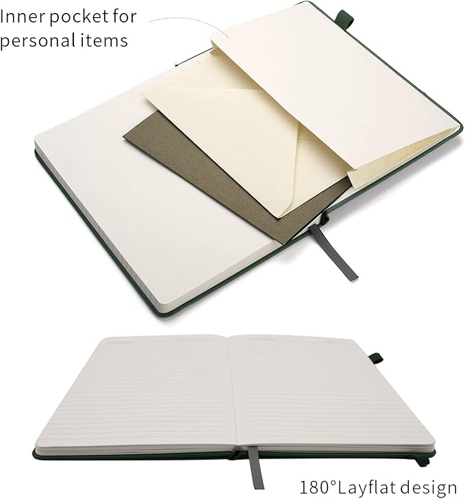 Lined Journal Notebooks with Pen Loop, Hardcover Notebook Journal for Work, 100Gsm Premium Thick Paper with Inner Pocket, Medium 5.7"x8.4", （Dark-Green, Ruled）