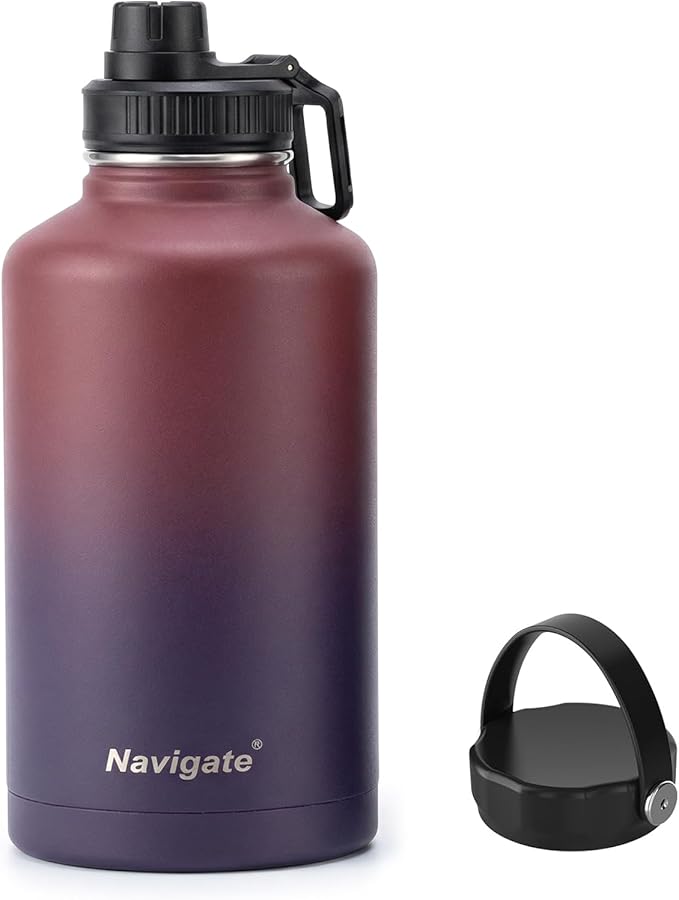 Navigate 64 oz Insulated Stainless Steel Sports Water Bottle with Spout & Handle Lids,Wide Mouth Water Jug with Double Walled Leak Proof Keep Cold for 24 Hrs Hot for 12 Hrs, Red to Black