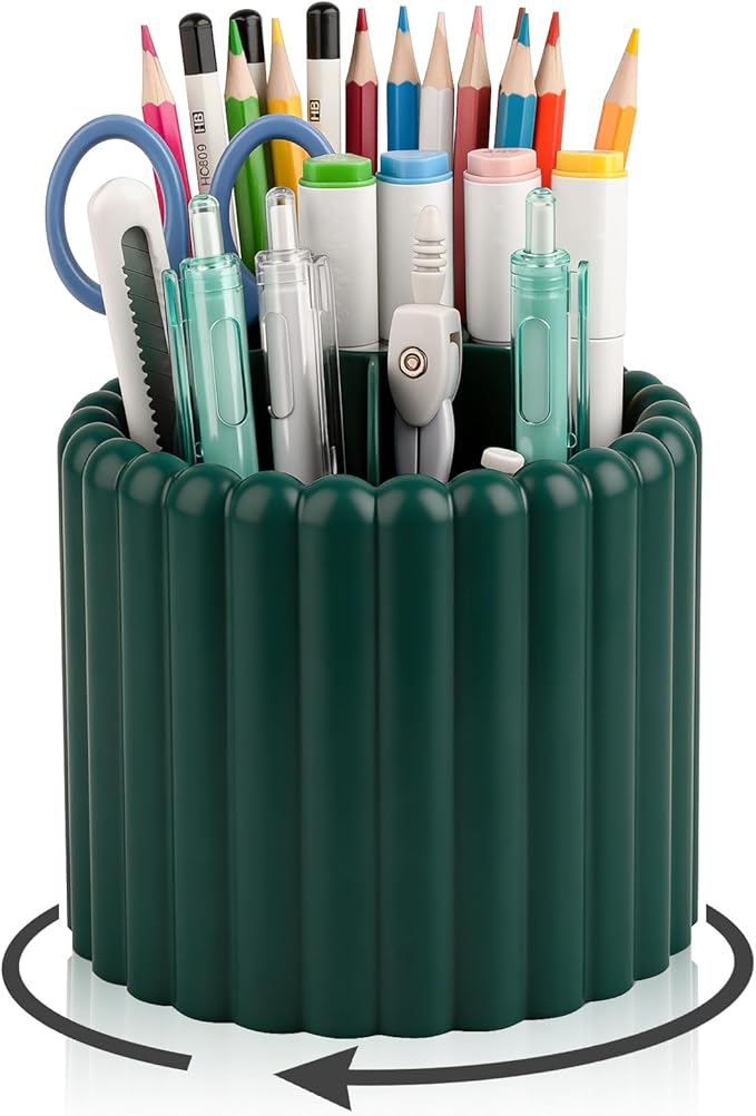 Anyoifax 360° Rotating Pen Holder 7 Slots Desk Organizer Removable Pencil Cup Plastic Art Supplies and Accessories Desktop Storage Box Caddy for Office, School, Home (Teal Green)