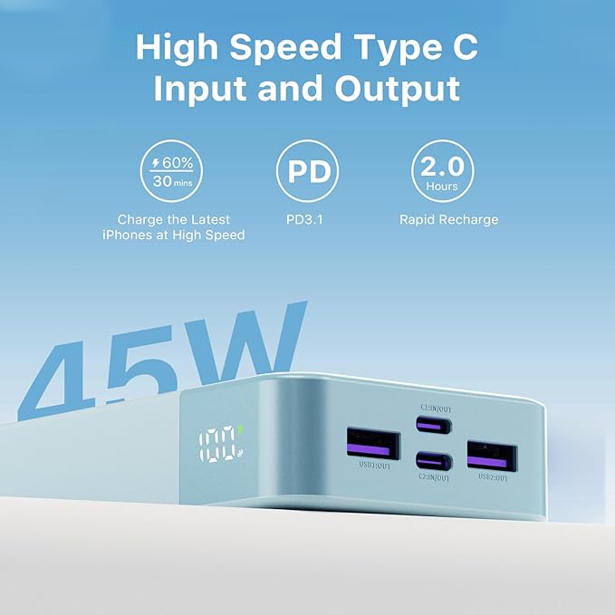 JUOVI Power Bank 45W 20000mAh Portable Charger USB C, PD QC Fast Charging 4-Port(2C+2A) External Battery Pack with LED Display, for iPhone 15 16 MacBook ipad