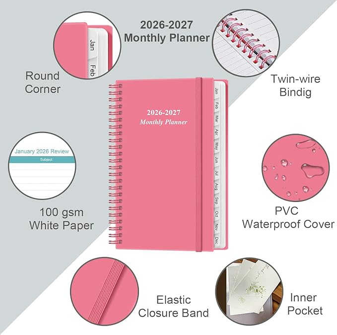2026-2027 Monthly Planner - January 2026 - June 2027, Two Pages Per Month, 18 Monthly Calendar/Planner with Tabs, Strong Twin-Wire Binding, Inner Pocket, 3.75" x 6.5", Pink