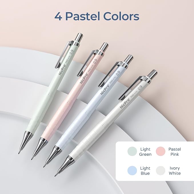 Nicpro Cute Mechanical Pencil Set, 4PCS 0.9mm Pastel Drafting Pencils | 4 Tube HB Lead Refills, 4B Erasers, Rotary Retractable Eraser and Eraser Refill for Writing Sketching Back to School Supplies