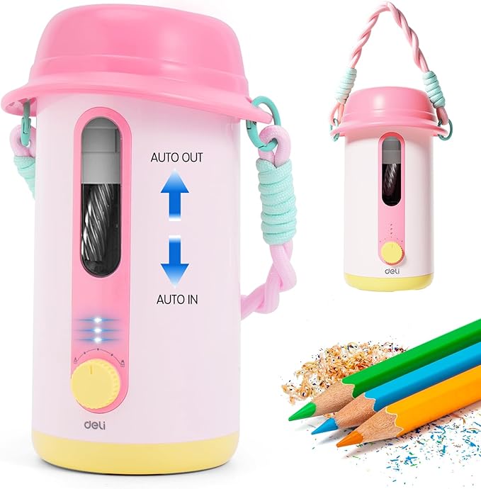 Electric Pencil Sharpener, Low Noise Fully Automatic Pencil Sharpener for Classroom,6.9-10.8mm Colored/Jumbo Pencils, Auto in & Out,Rechargeable Hands-Free Sharpener for Home/Office, Pink
