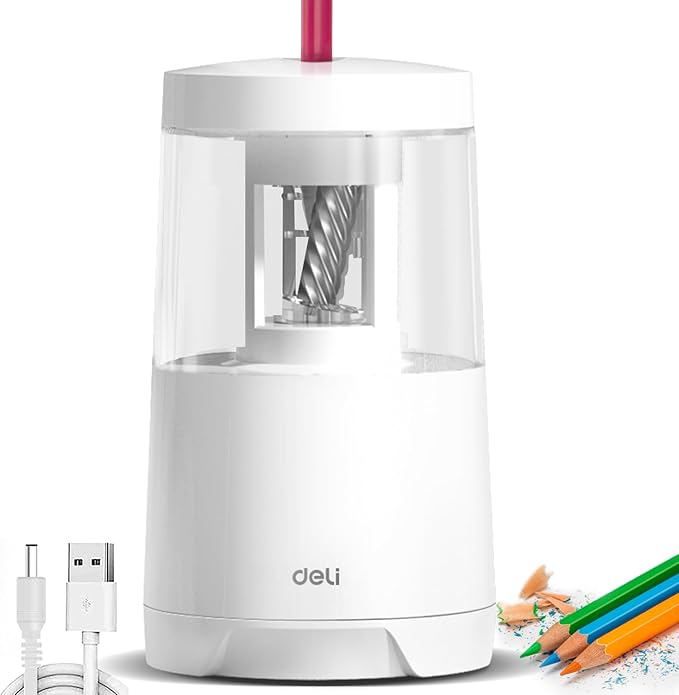 Deli Electric Pencil Sharpener, Automatic Pencil Sharpeners for No.2 Pencils Colored Pencils, Auto Stop, USB & Battery Operated for Students, Classroom, Home and Office, White
