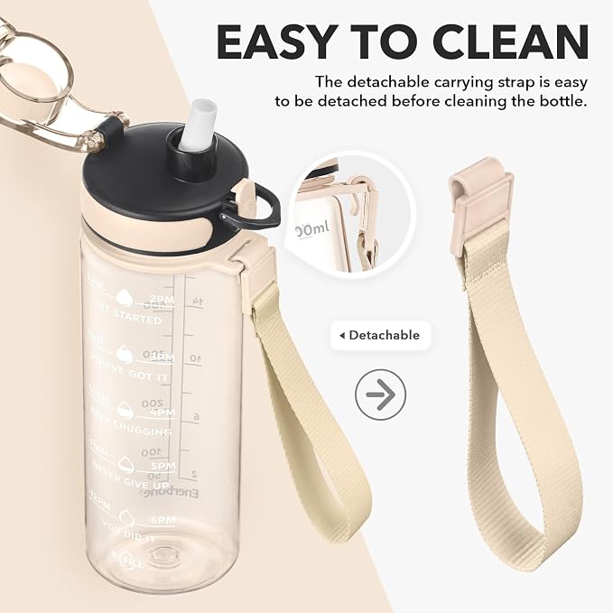 Enerbone Water Bottle, Leakproof BPA & Toxic Free, Motivational Water Bottle with Times to Drink and Straw, Fitness Sports Water Bottle with Strap for Office, Gym, Outdoor Sports