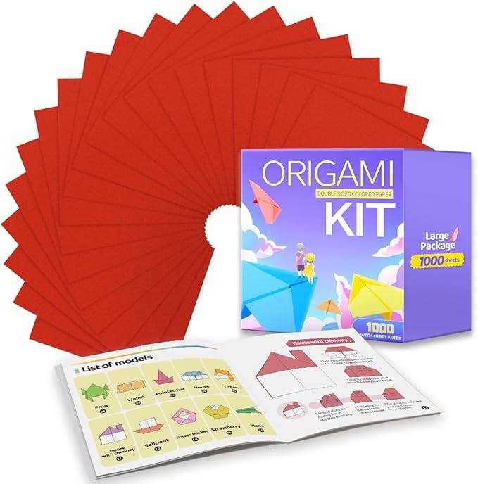 Praisebank Red Origami Paper, 1000pcs 6x6 inch, Double Sided Color, Origami Kit with Guide instruction for Crafts