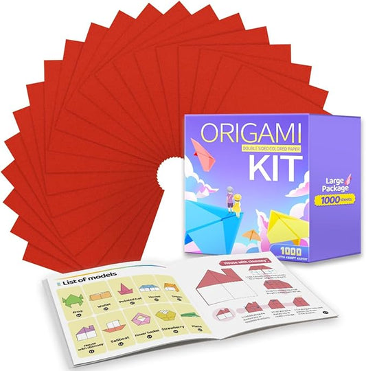 Praisebank Red Origami Paper, 1000pcs 6x6 inch, Double Sided Color, Origami Kit with Guide instruction for Crafts
