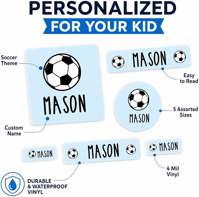 Andaz Press Custom Personalized Waterproof School Name Labels, Soccer, 120-Pack, Kids Labels Combo Pack, Customizable Multi-Use Name Stickers Personalized School Supplies Camp Label Daycare Stickers