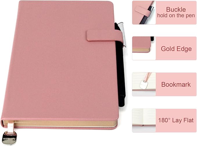 A5 Hard Cover Notebook with Pen Holder, Gold Edges & 180° Lay Flat - Large 5.7x8.4 Lined, Bookmark, Gift Box - Durable Journal for Office, Study, Travel - Writers, Students (Pink)