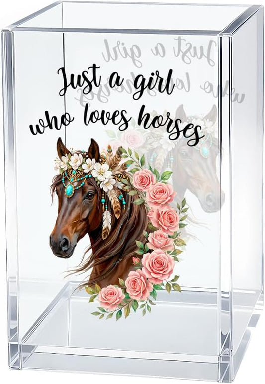 Just A Girl Who Loves Horses Acrylic Pen Holder Cosmetic Organizer, Funny Horseback Riding Pen Pencil Holders for Desk, Equestrian Gifts Makeup Brush Organizer, Horse Lover Desk Accessories