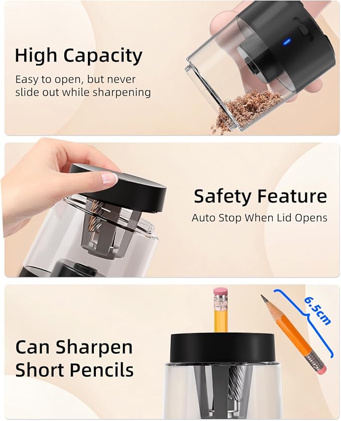ZMOL Electric Rechargeable Pencil Sharpener, Automatic Pencil Sharpeners Kids, Battery Powered Pencil Sharpeners for Colored Pencils, Auto Stop, Suitable for No.2(6-8mm), Classroom/Home Black