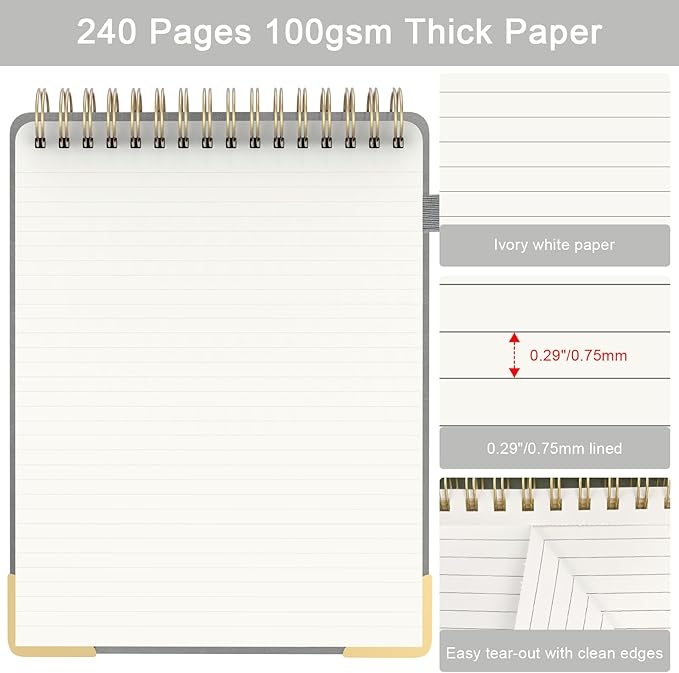 A4 Top Spiral Notebook, Large Leather Hardcover Top Bound Steno Pads, 240 Pages 100 gsm Thick Lined Paper Left Handed Notebook Journal for Work, School, Meeting Writing - Gray, 8.5" x 11"