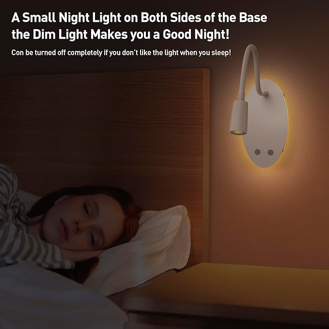 Rechargeable Wall-Mounted Reading Light for Bed - Cordless Bedside Lamp with 40H Battery, 3 Color Temperatures & Stepless Dimming, Eye-Care Night Light, USB Output, No Disturb to Partner(2pcs)