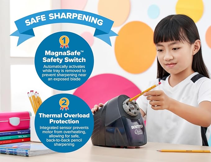 Bostitch Office QuietSharp Electric Pencil Sharpener, Heavy Duty Classroom or Office Use, Size Selector with 6 Different Sizes, Black