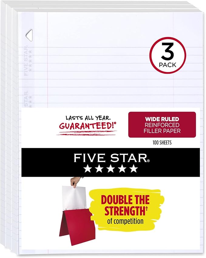 Five Star Loose Leaf Paper, 3 Pack, Notebook Paper, Wide Ruled Filler Paper, Reinforced, 8 x 10.5, 100 Sheets per Pack (38033)