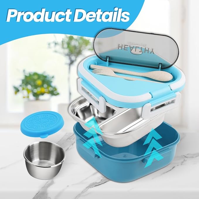 Stainless Steel Bento Box, 35oz Lunch Box with Utensil, 3 Compartment Portable Salad Dressings Container for Lunch, Metal Leakproof Snack Box Container for Sandwitch, Sauce