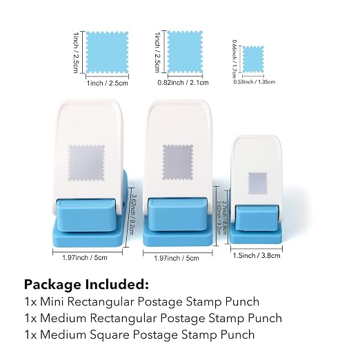 3 Pcs Stamp Punch, 1x0.8inch/0.6x0.5inch Mini Rectangle Postage Stamps Punches, 1x1inch Square Stamps Hole Punch, Stamp Cutter Hole Puncher, Paper Punches for Crafting DIY Scrapbooking Journaling