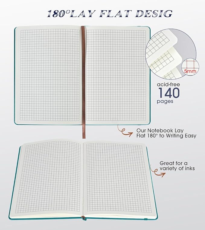 Biuwory Graph Paper Notebook Journal for Women Men,140 Pages Hardcover Grid Notebooks for Work & School,Leather Journals for Writing, Graphing Paper Notebook 5.7"×8.3" (Blue)