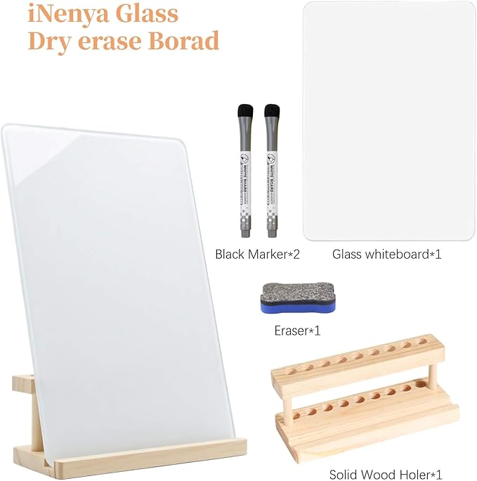 Glass White Board with Stand,Magnetic Mini Dry Erase Board for Desk,Small Desktop Whiteboard with Solid Wood Bracket