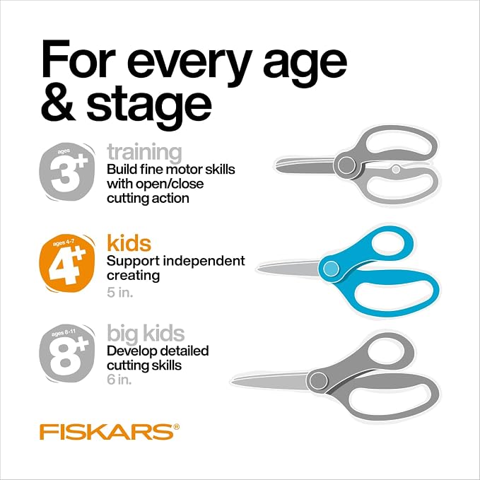 Fiskars 5" SoftGrip Blunt-Tip Scissors for Kids Ages 4-7 (3-Pack), Scissors for School or Crafting, Back to School Supplies, Blue, Purple, and Pink Designs