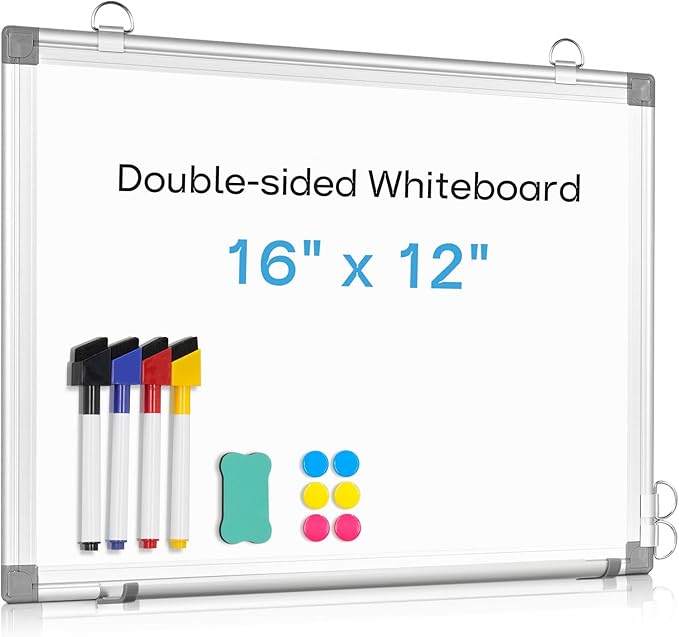 Dry Erase Board White Board, 16'' x 12'' Double-Sided Magnetic Whiteboard for Wall, Hanging Mounted Whiteboard Silver Aluminium Frame for Home, School, Office, Kitchen