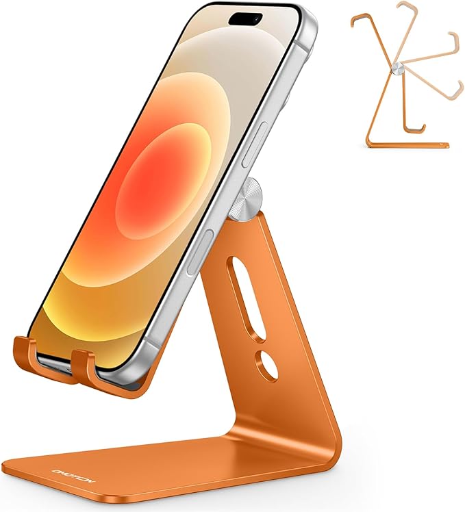 OMOTON Adjustable Cell Phone Stand, Aluminum Desktop Cellphone Stand with Anti-Slip Base and Convenient Charging Port, Fits All Smart Phones, Orange