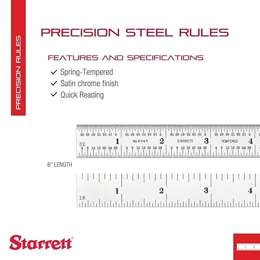 Starrett Spring Tempered Steel Rule with Satin Chrome Finish, Quick Reading and Inch Graduation with SLC - 6" Length, 4R Graduation Type, 3/64" Thickness - C604R-6 W/SLC