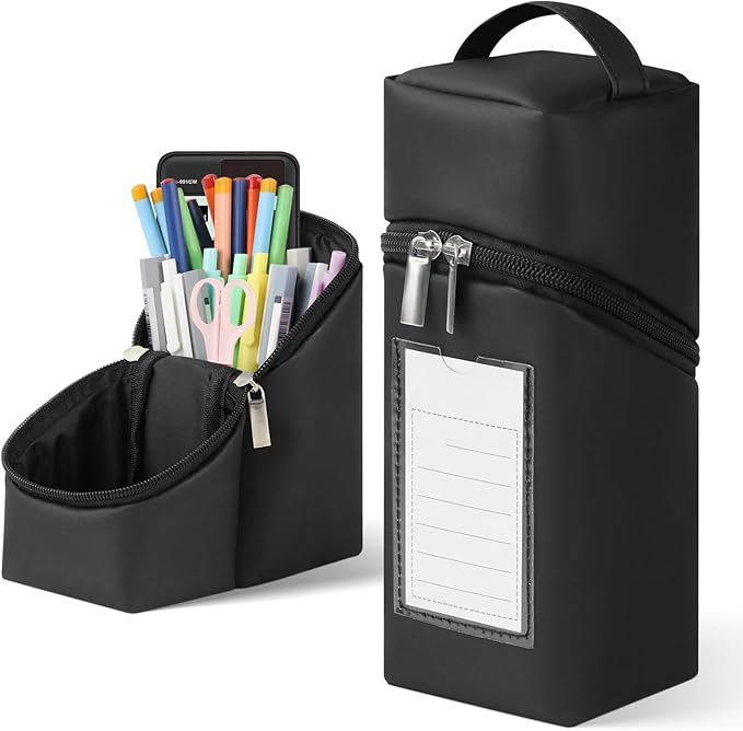 Standing Aesthetic Pencil Case Pouch Large Capacity Preppy,Double Zipper with Handle Multi Compartments Organizer,Black
