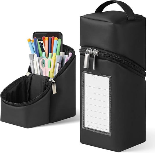 Standing Aesthetic Pencil Case Pouch Large Capacity Preppy,Double Zipper with Handle Multi Compartments Organizer,Black