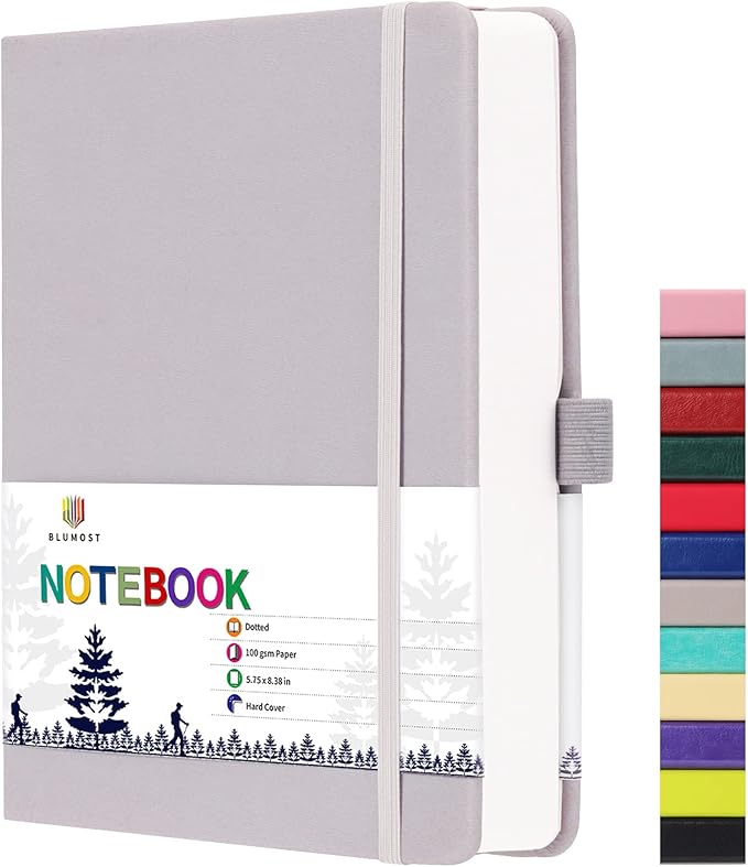 Bullet Dotted Journal Notebook - A5 Dot Grid Notebook with 280 Pages,100gsm Thick Paper,Leather Hardcover Journal for Women Men,5.75'' × 8.38''-Gray