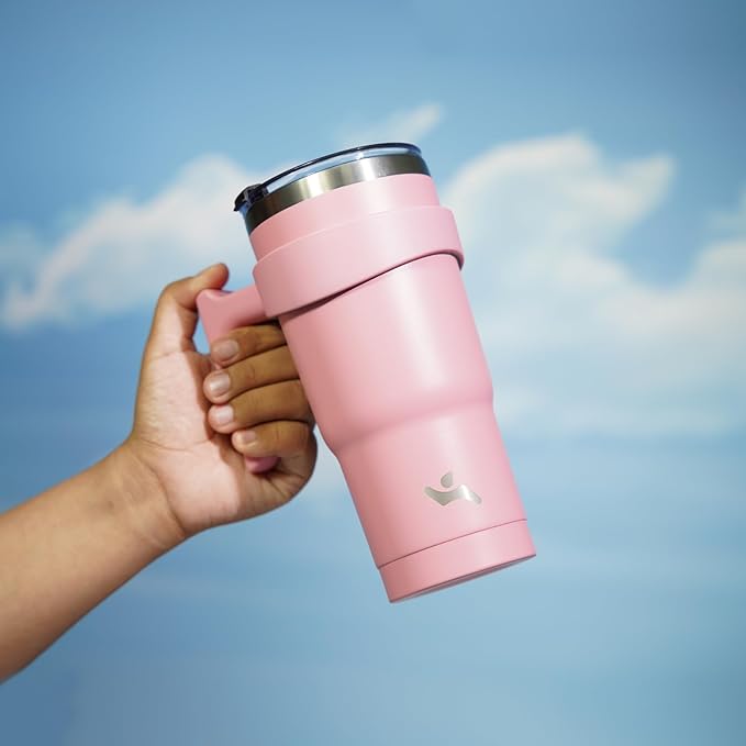Konokyo 20 oz Tumbler with Handle and 2 Straw 2 Lid, Insulated Water Bottle Stainless Steel Vacuum Cup Reusable Travel Mug, Light Pink
