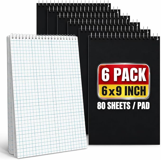 1InTheOffice Graph Ruled Notepad 6x9, Spiral Steno Pads, Top Bound, Quad Ruled, 80 Sheets/Pad, (6 Pack)