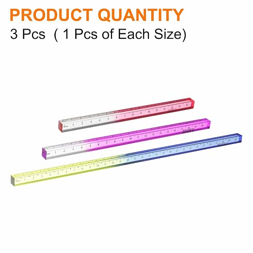 HARFINGTON 3pcs Acrylic Clear Straight Rulers 15/20/30cm Metric Transparent Gradient Three-Dimensional Plastic Ruler Square Cube Measuring Tool for Classroom Office, Pink/Purple/Blue-Yellow