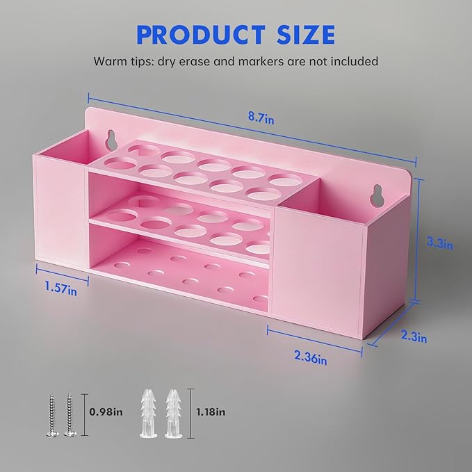 Magnetic Dry Erase Marker Holder for Whiteboard, Wall Mount Pen Holder for Refrigerator, Clear Pencil Holder for Fridge, Strong Magnet Locker Organizer for Classroom(Pink)