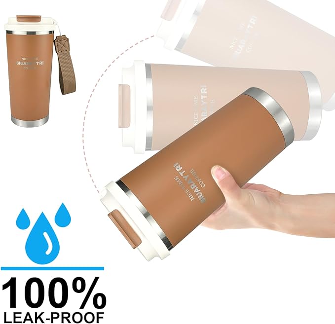 20oz Tumbler Stainless Steel Vacuum Insulated Coffee Travel Mug Reusable Iced Coffee Cup Hot Coffee Travel Mug with lid and straw Cupholder Friendly Leak-Proof BPA Free (Brown)