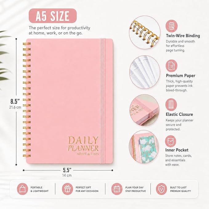 Daily Planner with Hourly Schedules - Undated To Do List Notebook, Spiral Bound, 5.5" x 8.5", Manage Your Tasks and Appointments, The Perfect Office Supplies for Women - Pink