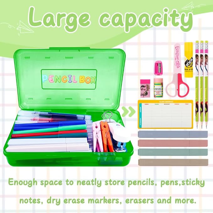 Green Pencil Case Box Large Plastic Hard Pencil Case Crayon Box Makeup Organizer for Desk Crayon Boxes Plastic 1 Pack Storage Container Organizer Boxes for Pens School Stylish Office Supplies Storage
