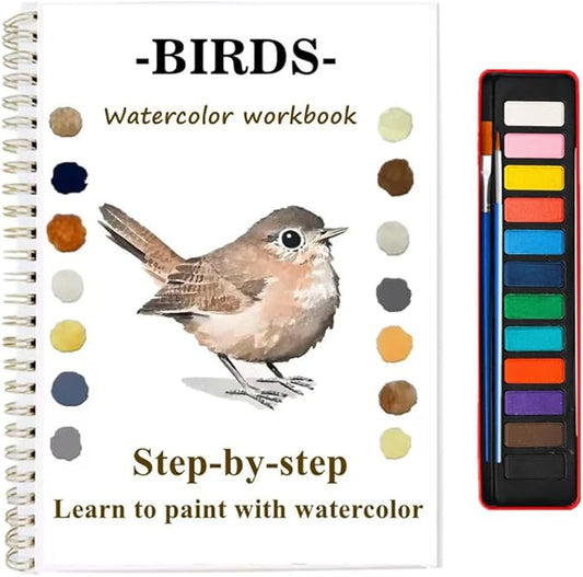 Watercolor Workbooks with Sketches, Beginner Friendly Water Coloring Book Watercolor Paint Set Art Crafts Painting Kit Gift for Adults, Any Level Artist (Birds, with Paint Set)