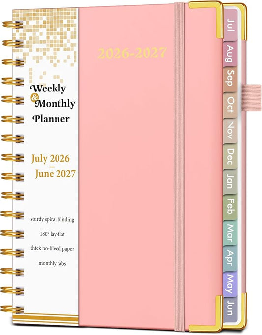 Academic Planner 2026-2027, Hardcover Weekly and Monthly Calendar Planner from July 2026 - June 2027, Daily Agenda Planners with Tabs, College School Organizer for Student Teacher, A5 (6.1" x 8.2"), Pink