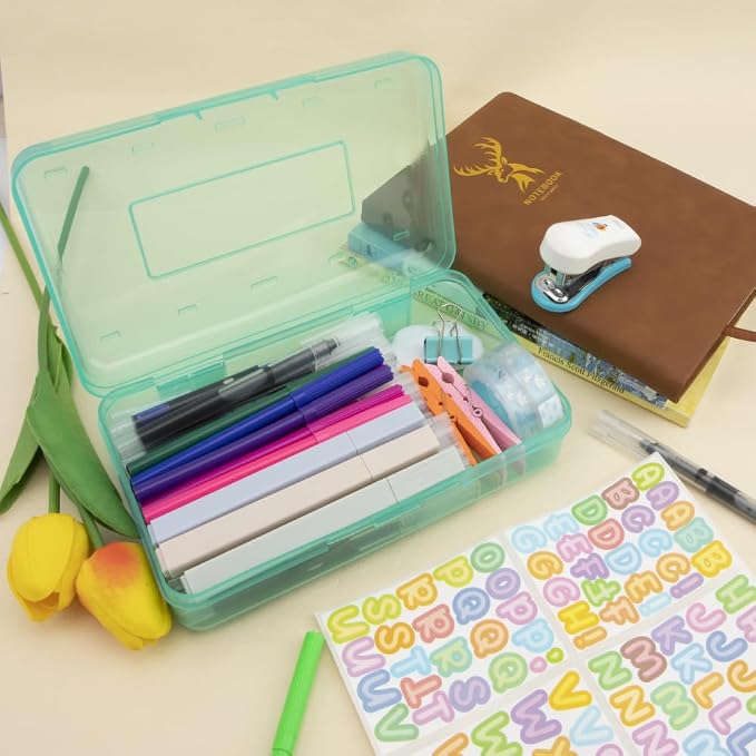 Mint Green Hard Pencil Case Plastic Large Capacity Clear Pencil Box Crayon Box Organizer 1 Pack Storage Container Organizer Boxes for Pens School Stylish Art Office Supplies Storage Medium for Boys