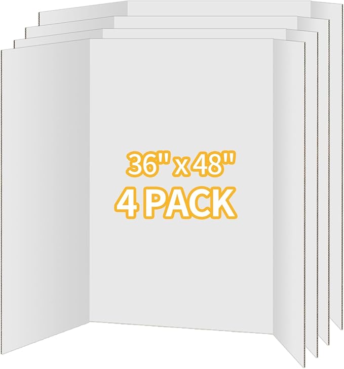 4 Pack Trifold Poster Board 36"x48" - White Foldable Corrugated Display Board, Tri fold Presentation Board, Extra Large Project Boards for School Projects, Science Fair, Graduation Exhibitions