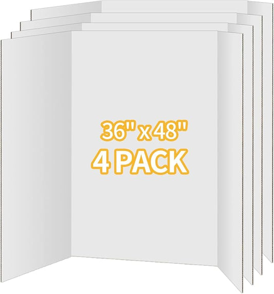 4 Pack Trifold Poster Board 36"x48" - White Foldable Corrugated Display Board, Tri fold Presentation Board, Extra Large Project Boards for School Projects, Science Fair, Graduation Exhibitions
